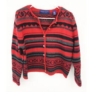 Karen Scott Petites Cropped Western Cardigan Wool Sweater Red Black Striped PL